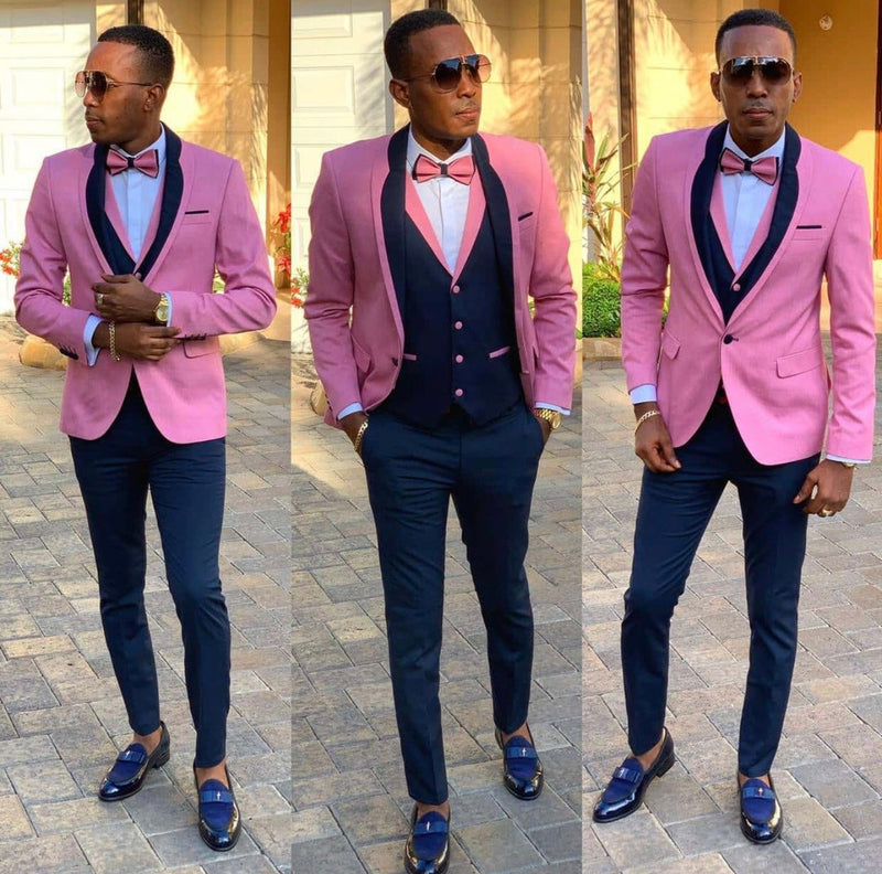 Pink Shawl Lapel Three Pieces Slim Fit Men Suits-Ballbella