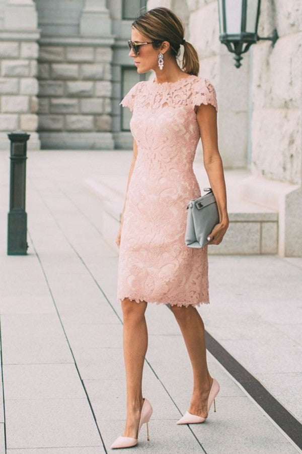 Pink Short Sleeves Column Lace Knee Length Short Homecoming Dress-Ballbella