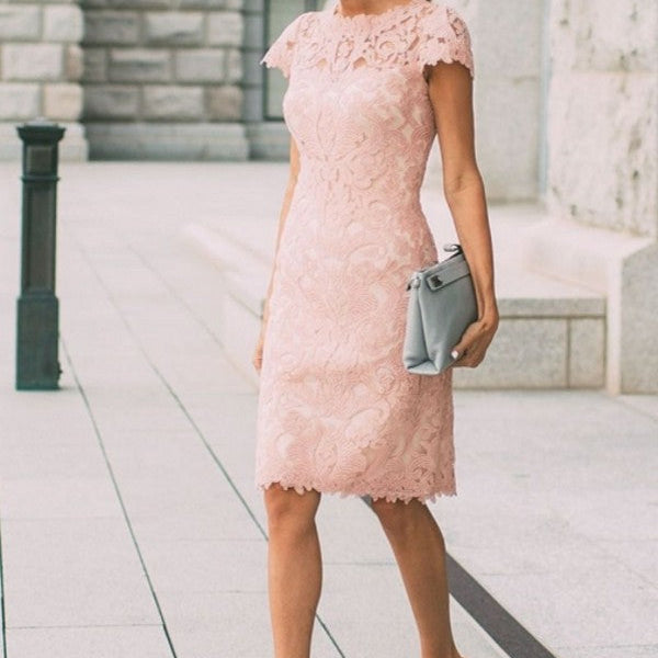 Knee Length Pink Long Sleeve Lace Dress Pink Lace Homecoming Dresses Long  Sleeve Knee Length Homecoming