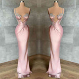 Pink Spaghetti-Straps Mermaid Prom Dress Sleeveless With Appliques-Ballbella
