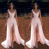 Pink Straps Sweetheart Long Prom Dress Mermaid Ruffles Evening Gowns With Slit-Ballbella