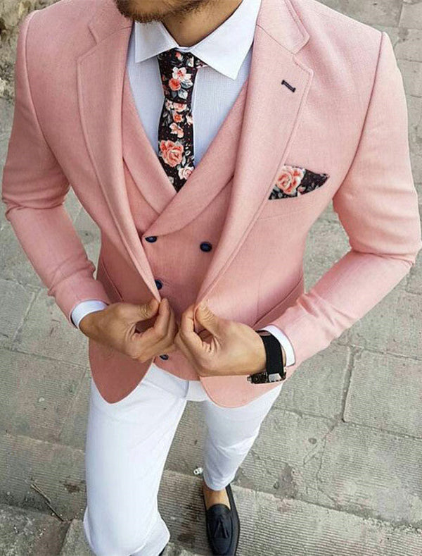 Pink Three-Pieces Slim Fit Notched Lapel Men's Prom Suits-Ballbella