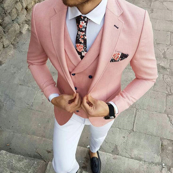 Pink Three-Pieces Slim Fit Notched Lapel Men's Prom Suits-Ballbella