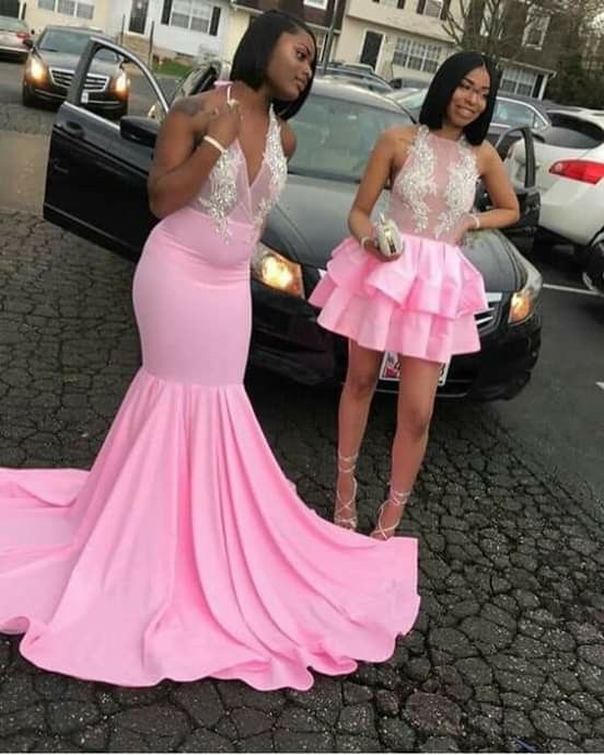 Looking for Prom Dresses in Stretch Satin,  Mermaid style,  and Gorgeous work? Ballbella has all covered on this elegant Pink V-neck Halter Sleeveless Appliques Long Mermaid Prom Dresses.