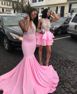 Looking for Prom Dresses in Stretch Satin,  Mermaid style,  and Gorgeous work? Ballbella has all covered on this elegant Pink V-neck Halter Sleeveless Appliques Long Mermaid Prom Dresses.
