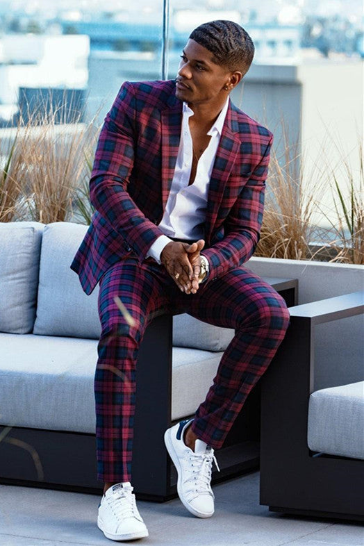Plaid Slim Fit Bespoke Prom Men's Suit-Ballbella