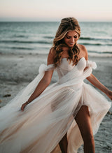Pleated Tulle Off-The-Shoulder Chic A-line Wedding Dresses Split Front for the Summer Beach-Ballbella