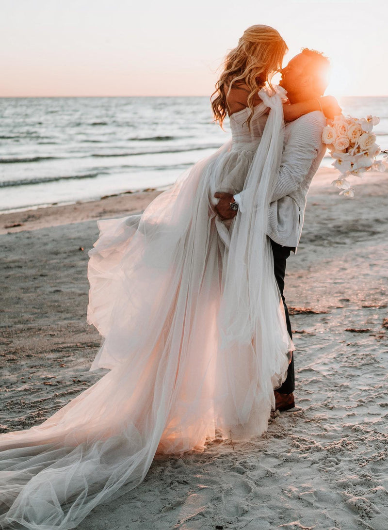 off the shoulder pleated tulle wedding dress Modest A-Line Off Shoulder Back Zipper Court Train Pleated Tulle Wedding Dress