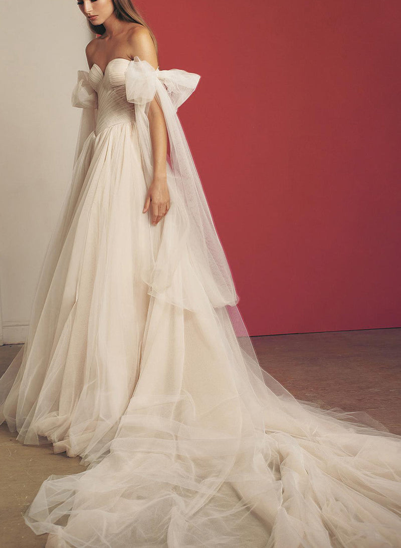 off the shoulder pleated tulle wedding dress A-line Off-the-Shoulder Tulle Sweep Train Wedding Dress with Appliqued  Split Glitter S3083W - Wedding Dresses