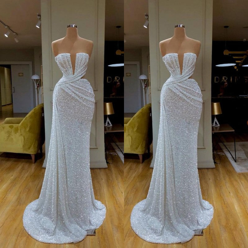 Plunging V-neck Sparkle White Sequined Strapless Prom Dress-Ballbella