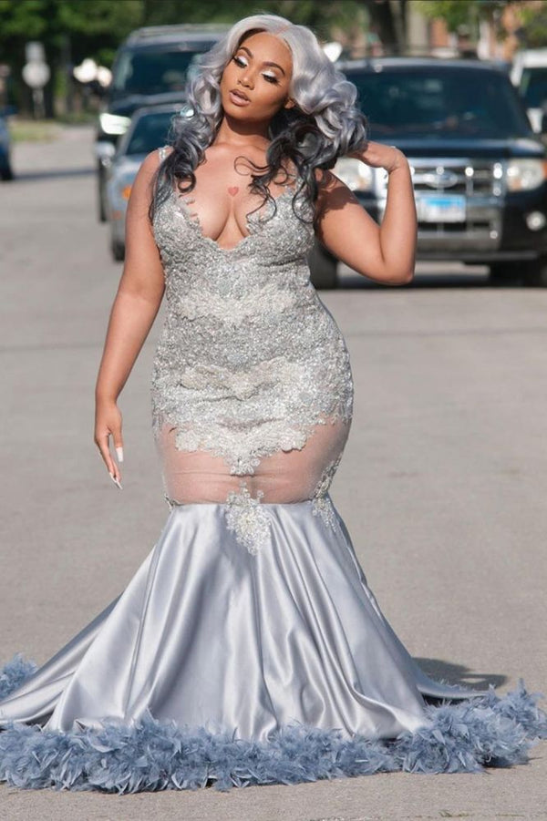 Plus Size Appliques Mermaid Prom Party GownsFloor Length Feather Train V-Neck-Ballbella