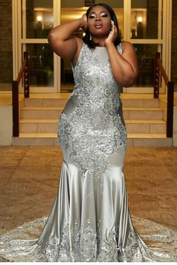 Plus Size Fit and Flare Sleeveless Wholesale Prom Dresses Lace Appliques Evening Dresses On Sale-Ballbella