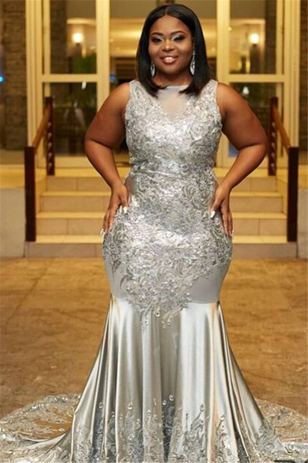 Wanna  in Mermaid style,  and delicate Appliques work? Ballbella has all covered on this elegant Plus Size Fit and Flare Sleeveless Wholesale Prom Dresses Lace Appliques Evening Dresses On Sale yet cheap price.