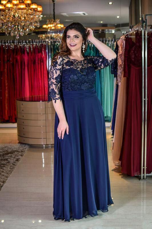 Wanna Prom Dresses, Evening Dresses, Mother dress in 100D Chiffon,  A-line style,  and delicate Lace work? Ballbella has all covered on this elegant Plus size Half Sleeves Navy Blue Mother of bride Dress Modest Round neck Lace Bridesmaid Dress for Summer Wedding yet cheap price.