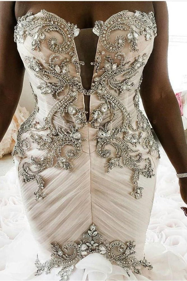 Plus Size Mermaid Crystal Lace Beads Sweetheart Long Train African Custom Made Ruffless Wedding Dresses