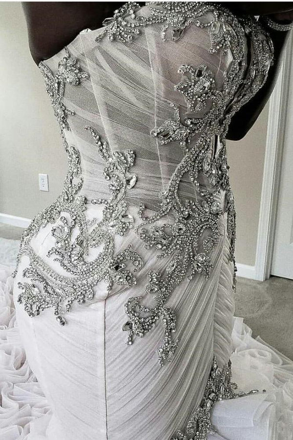 Plus Size Mermaid Crystal Lace Beads Sweetheart Long Train African Custom Made Ruffless Wedding Dresses