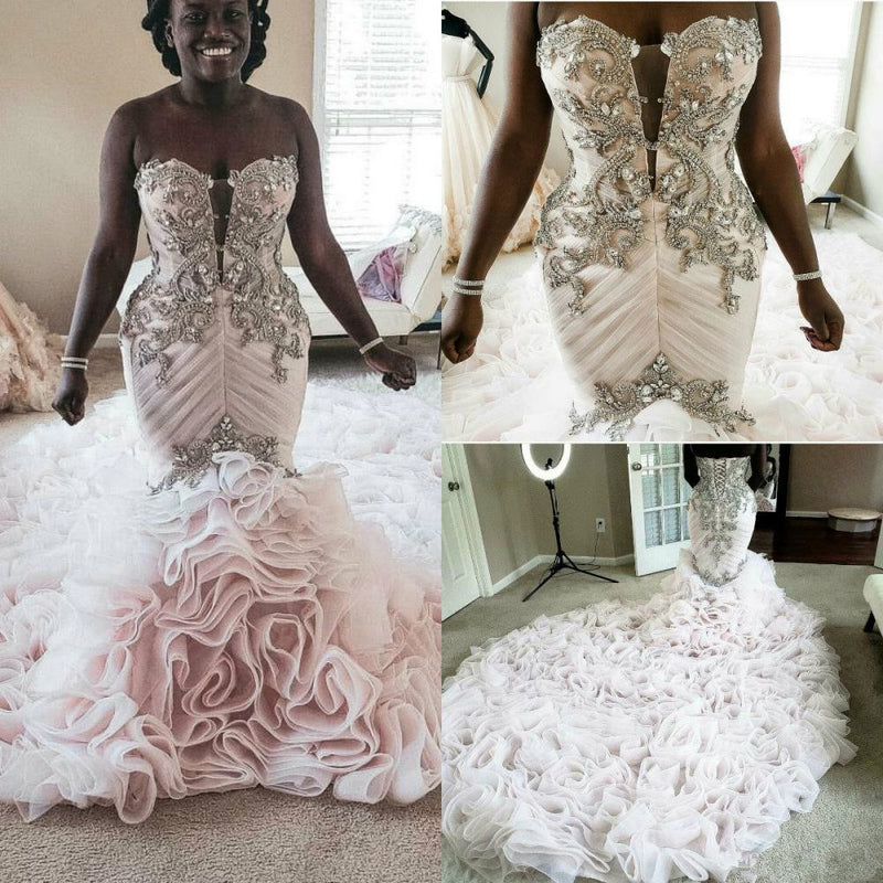 Ballbella offers Plus Size Mermaid Crystal Lace Beads Sweetheart Long Train African Custom Made Ruffless Wedding Dresses online at an affordable price from Satin,Taffeta,Hard Net to Ball Gown Floor-length skirts. Shop for Amazing Sleeveless wedding collections for your big day.