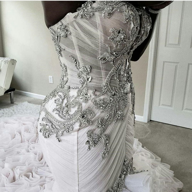 Plus Size Mermaid Crystal Lace Beads Sweetheart Long Train African Custom  Made Ruffless Wedding Dresses – Ballbella