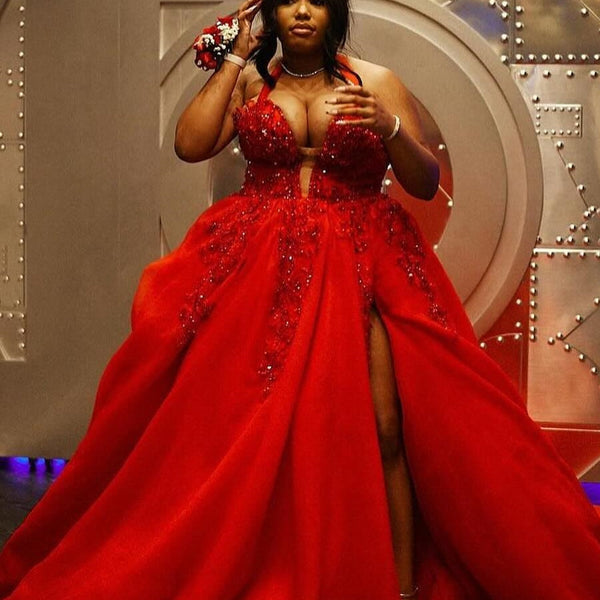 Plus Size Red Halter A-Line Tulle Side Slit Prom Dress with Beads