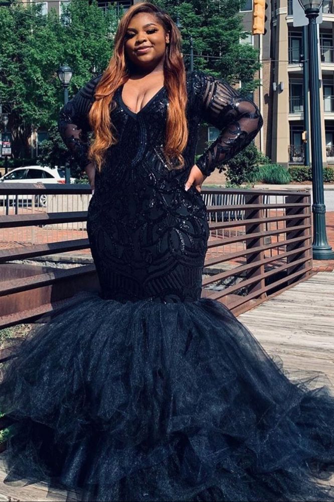 Plus Size V-neck Mermaid Evening Gowns Charming V-neck Feather Prom Gowns-Ballbella