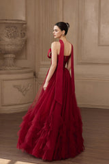 Popular Burgundy Strapless Tulle A-Line Prom Dresses Sleeveless Gem With Bow Knot Beadings-Ballbella
