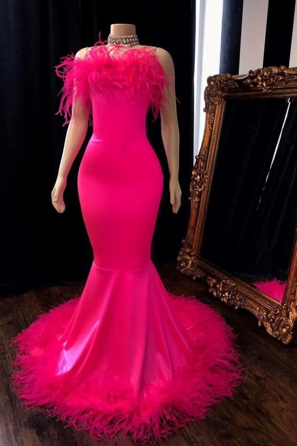 Popular Feather Sleeveless Long Mermaid Evening Dresses-Ballbella