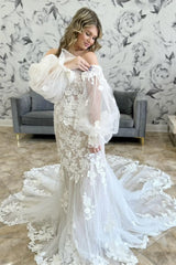 Popular Sweetheart Off-The-Shoulder Mermaid Wedding Dresses Lace Appliques With Detachable Long Sleeveless-Ballbella