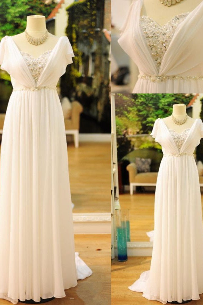 Popular Vintage Wedding Dresses Bohemia Short Sleeves Beads Peals Chiffon Bridal Dress-Ballbella