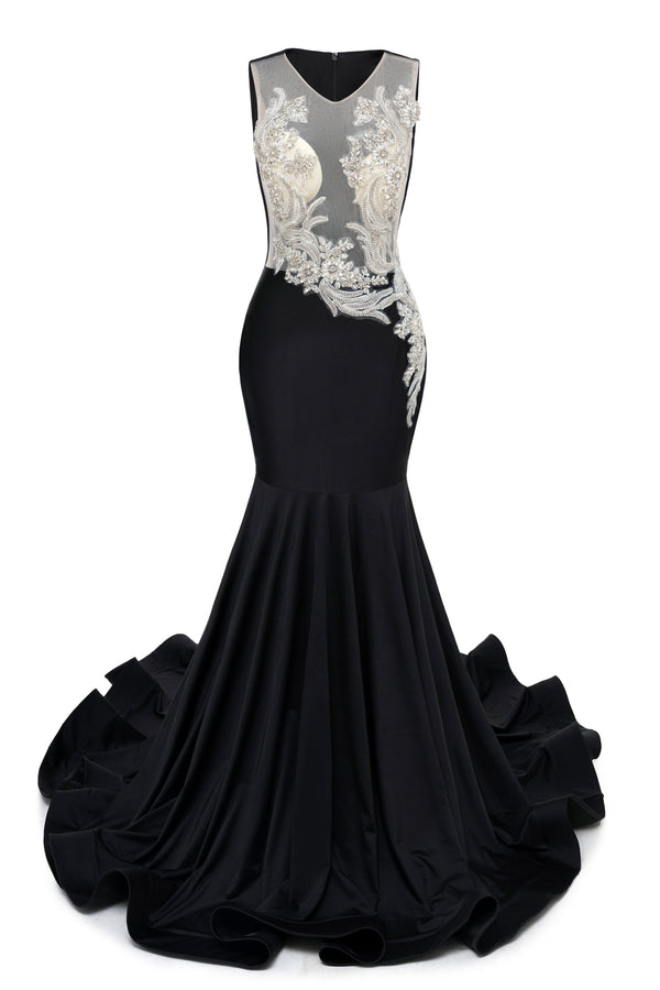 Portrait Trumpet Sweep Train Sleeveless Beading Evening Dress-Ballbella