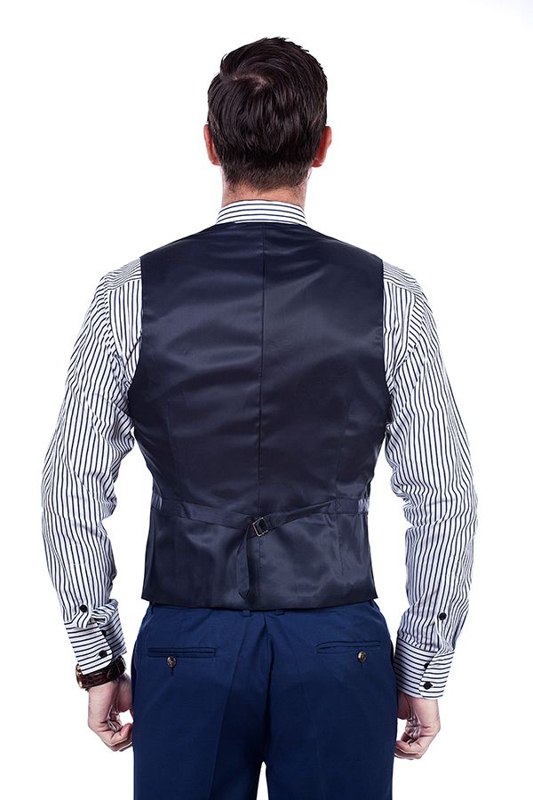 Premium Peak Lapel Navy Blue Three Piece Suits for Men with Double Breasted Vest-Ballbella