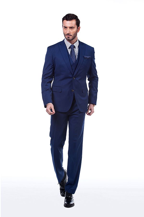 Looking for the Pricey Premium Peak Lapel Navy Blue Three Piece Suits for Men with Double Breasted Vest online Find your Peaked Lapel Single Breasted Three-piece Blue mens suits for prom, wedding and business at Ballbella.