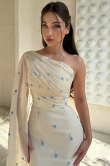 Pretty Asymmetrical One Shoulder Chiffon Mermaid Prom Dresses Column With Ruffle-Ballbella