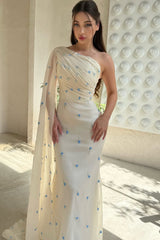 Pretty Asymmetrical One Shoulder Chiffon Mermaid Prom Dresses Column With Ruffle-Ballbella