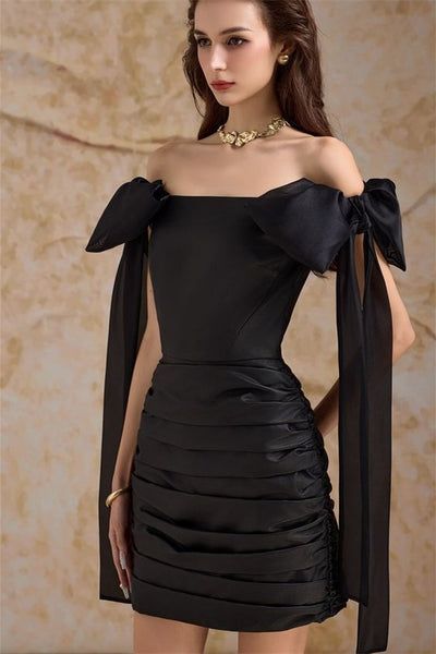black homecoming dresses off the shoulder Pretty Black Off-The-Shoulder Sleeveless Homecoming Dresses Mini With Pleats Bowknot