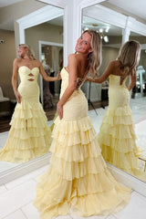Pretty Daffodil Sweetheart Strapless Sleeveless Chiffon Prom Dress High Split With Lace-Up Back-Ballbella
