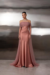 Pretty Dusty Rose Off-The-Shoulder Satin Prom Dress Mermaid Long Sleeves Beads With Ruffle-Ballbella