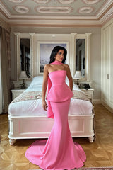 Pretty Flamingo Strapless Sleeveless Satin Mermaid Prom Dress Two Pieces Set On Sale-Ballbella