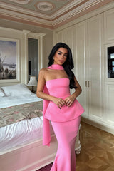Pretty Flamingo Strapless Sleeveless Satin Mermaid Prom Dress Two Pieces Set On Sale-Ballbella