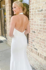 Pretty Halter Satin Sleeveless Mermaid Wedding Dresses Open Back With High Slit-Ballbella