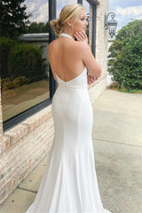 Pretty Halter Satin Sleeveless Mermaid Wedding Dresses Open Back With High Slit-Ballbella