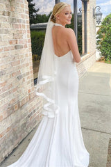 Pretty Halter Satin Sleeveless Mermaid Wedding Dresses Open Back With High Slit-Ballbella