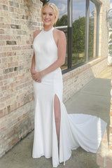 Pretty Halter Satin Sleeveless Mermaid Wedding Dresses Open Back With High Slit-Ballbella