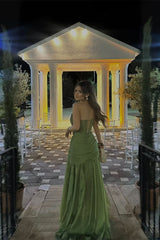 Pretty Moss Sweetheart Strapless Sleeveless Chiffon Prom Dresses Long Ruffle With Lace-Up Back-Ballbella