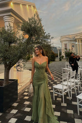 Pretty Moss Sweetheart Strapless Sleeveless Chiffon Prom Dresses Long Ruffle With Lace-Up Back-Ballbella