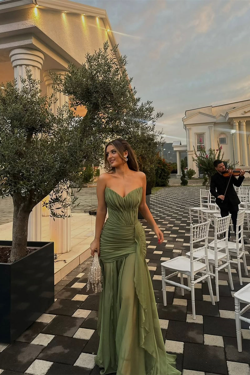 Pretty Moss Sweetheart Strapless Sleeveless Chiffon Prom Dresses Long Ruffle With Lace-Up Back Pretty Moss Sweetheart Strapless Sleeveless Chiffon Prom Dresses Long Ruffle With Lace-Up Back