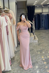 Pretty Pink Mermaid Off-The-Shoulder Satin Prom Dresses Sweetheart Sleeveless With Beads Pleats-Ballbella