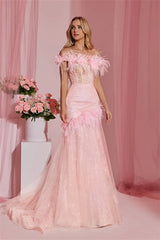 Pretty Pink Off-The-Shoulder Tulle Prom Dresses Sheath With Feather Pleats-Ballbella