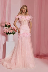 Pretty Pink Off-The-Shoulder Tulle Prom Dresses Sheath With Feather Pleats-Ballbella