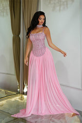 Pretty Pink Spaghetti-Straps Chiffon Prom Dresses Floor Length Sleeveless With Beads-Ballbella