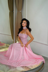 Pretty Pink Spaghetti-Straps Chiffon Prom Dresses Floor Length Sleeveless With Beads-Ballbella